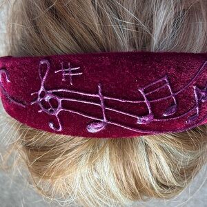 Burgundy velvet hair band hand painted with a melody/ musical notes